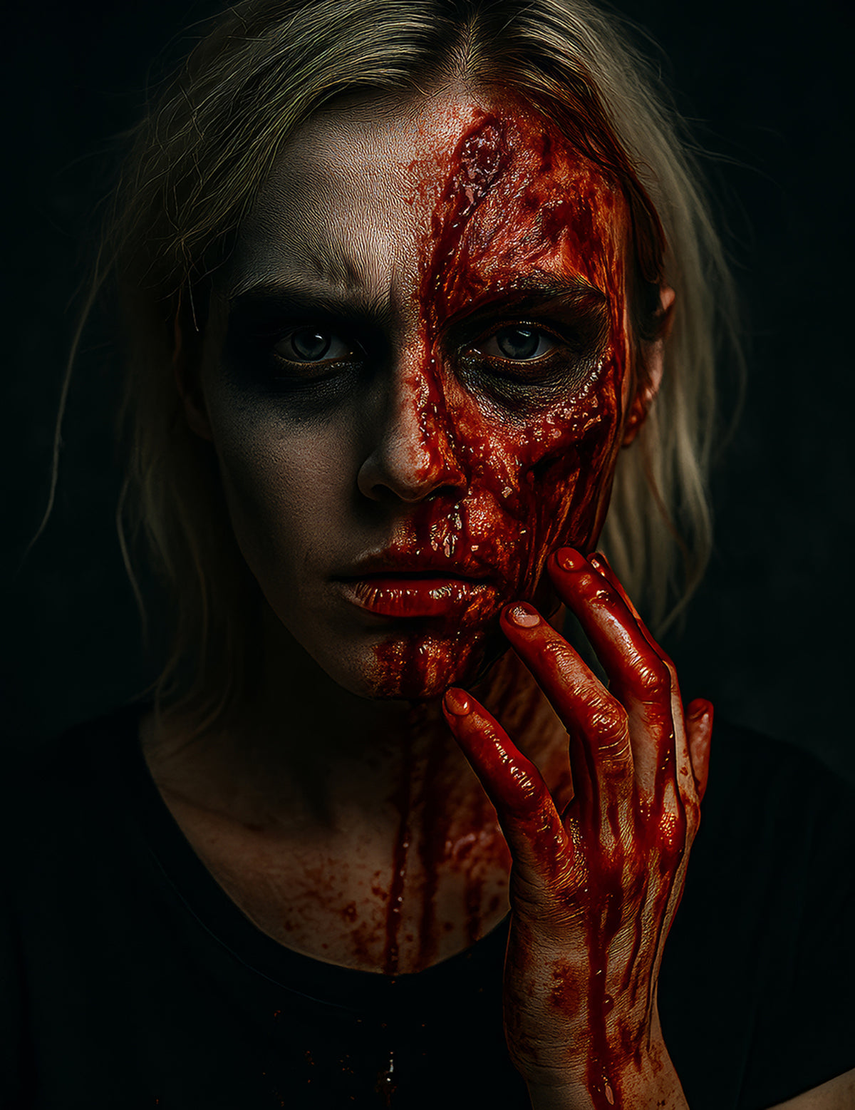 Effet de blessure sanglante sur le visage du faux sang Halloween pour adulte