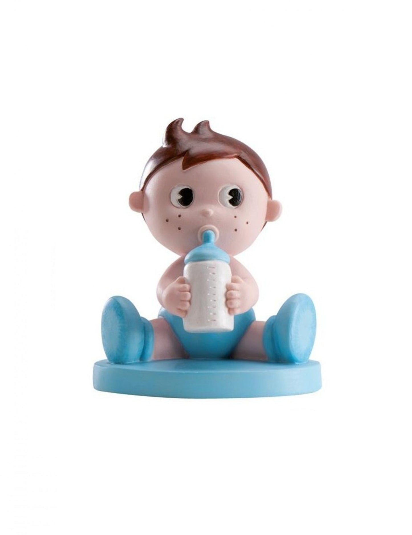 Figurine en résine garçon avec biberon pour baby shower bleu