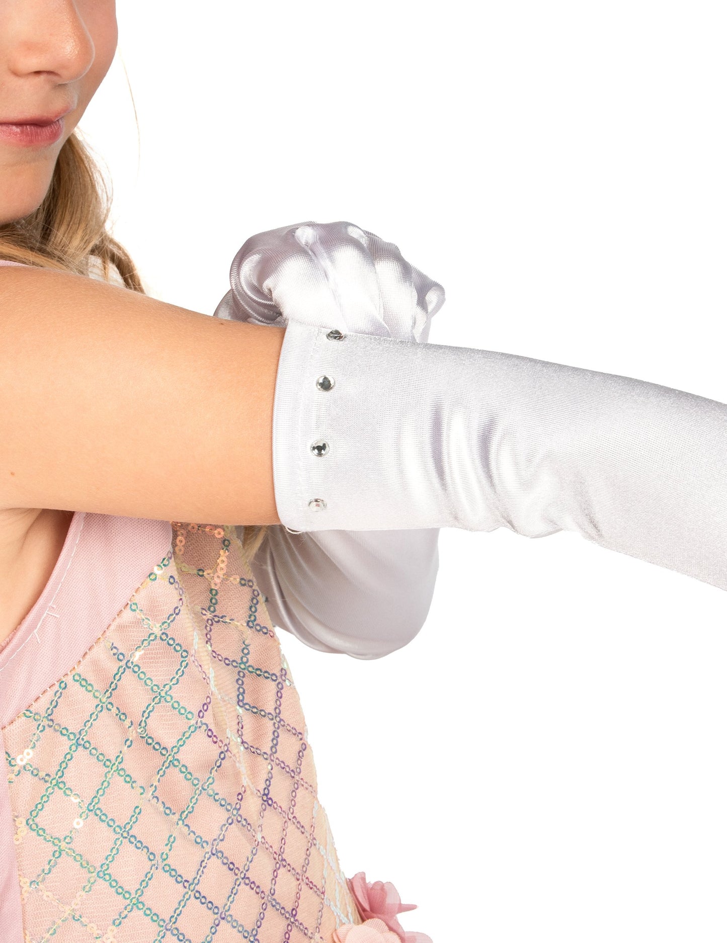 Detaliu cu strasuri la încheietura mănușilor lungi pentru copii