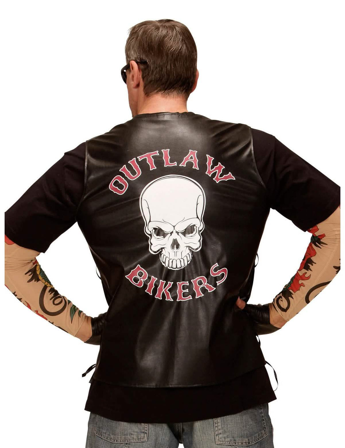 Vedere din spate a vestei biker pentru adult cu motiv cap de mort