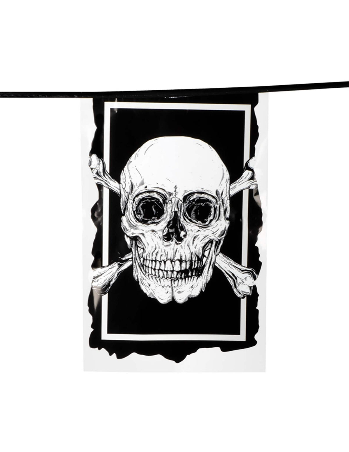 Detaliu al unui steag al ghirlandei de 10 steaguri din plastic Pirate Jolly Roger