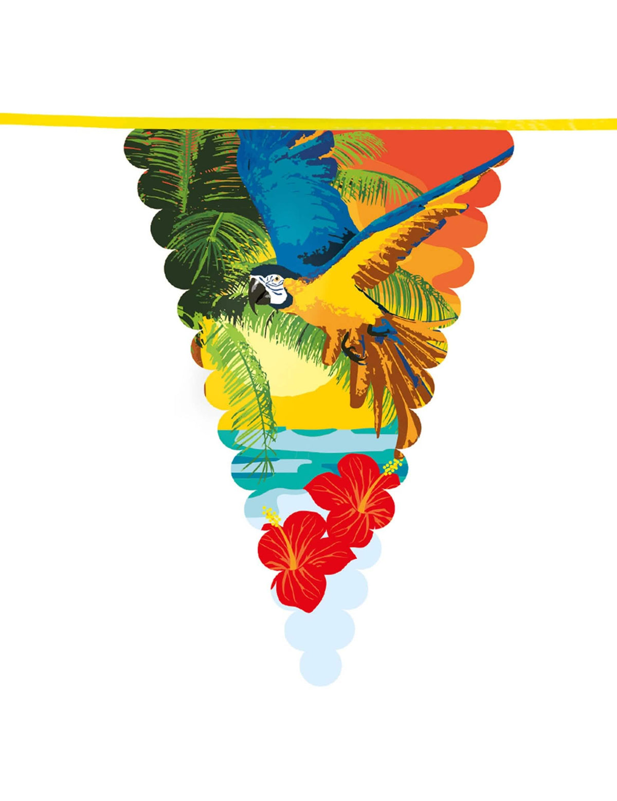 Detaliu al motivului cu papagal și hibiscus al ghirlandei cu fanioane Beach party