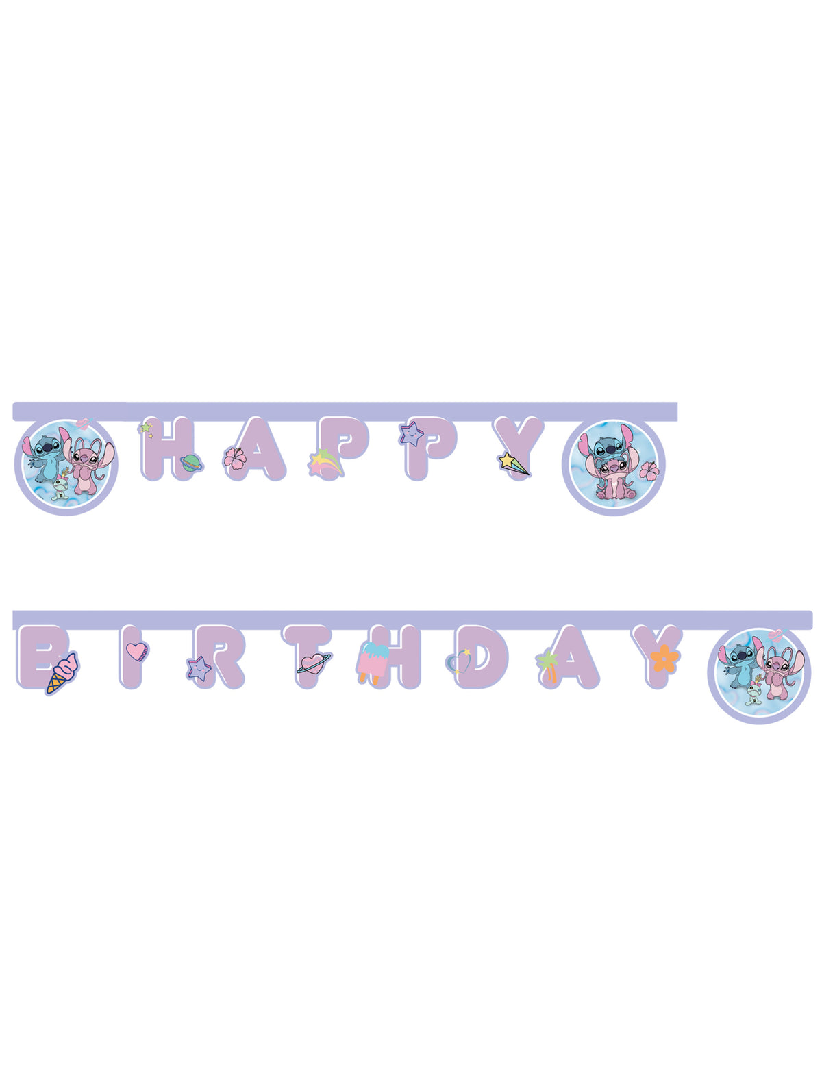 Ghirlandă articulată Happy Birthday Angel și Stitch mov