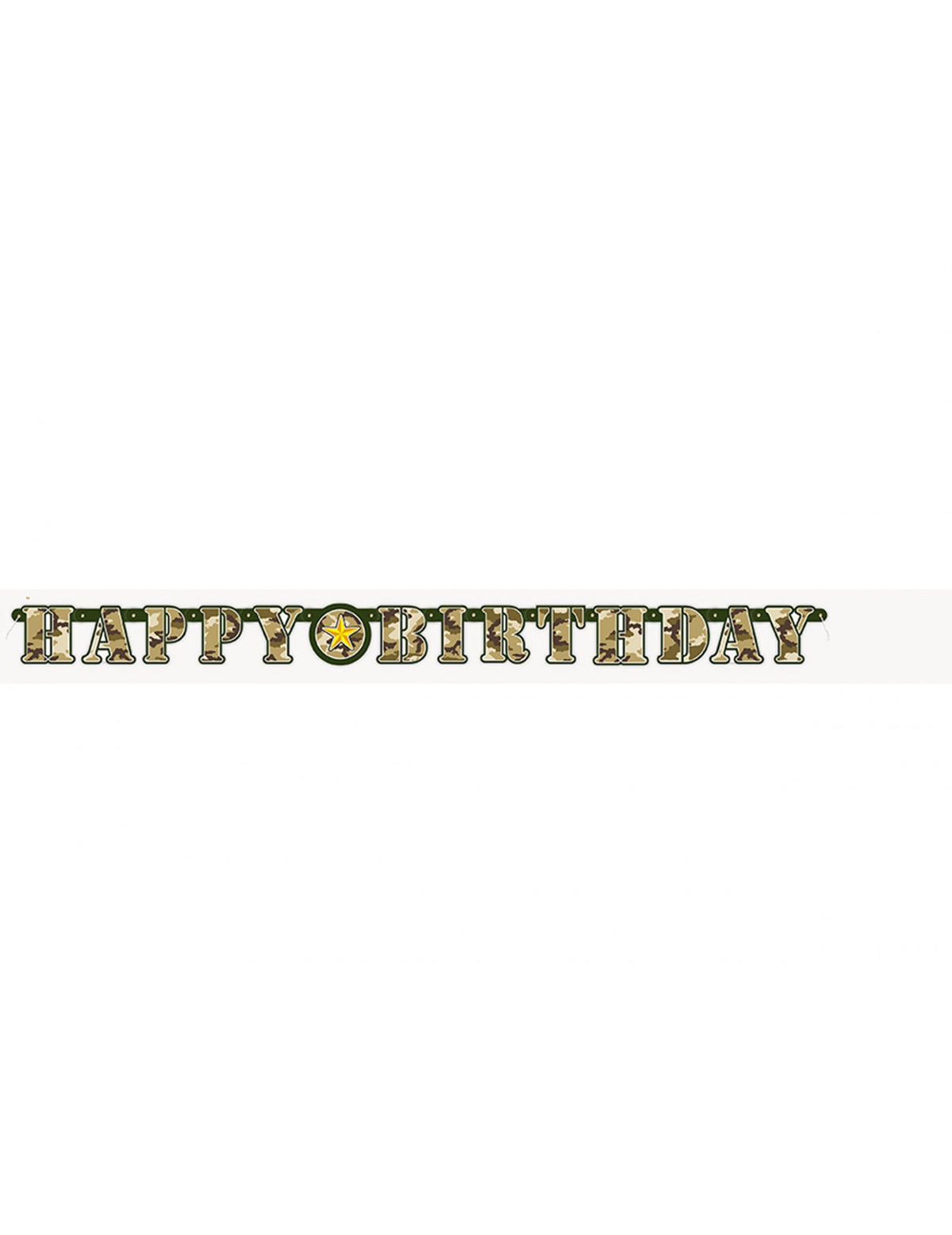 Vedere din față a ghirlandei articulate Happy Birthday militară
