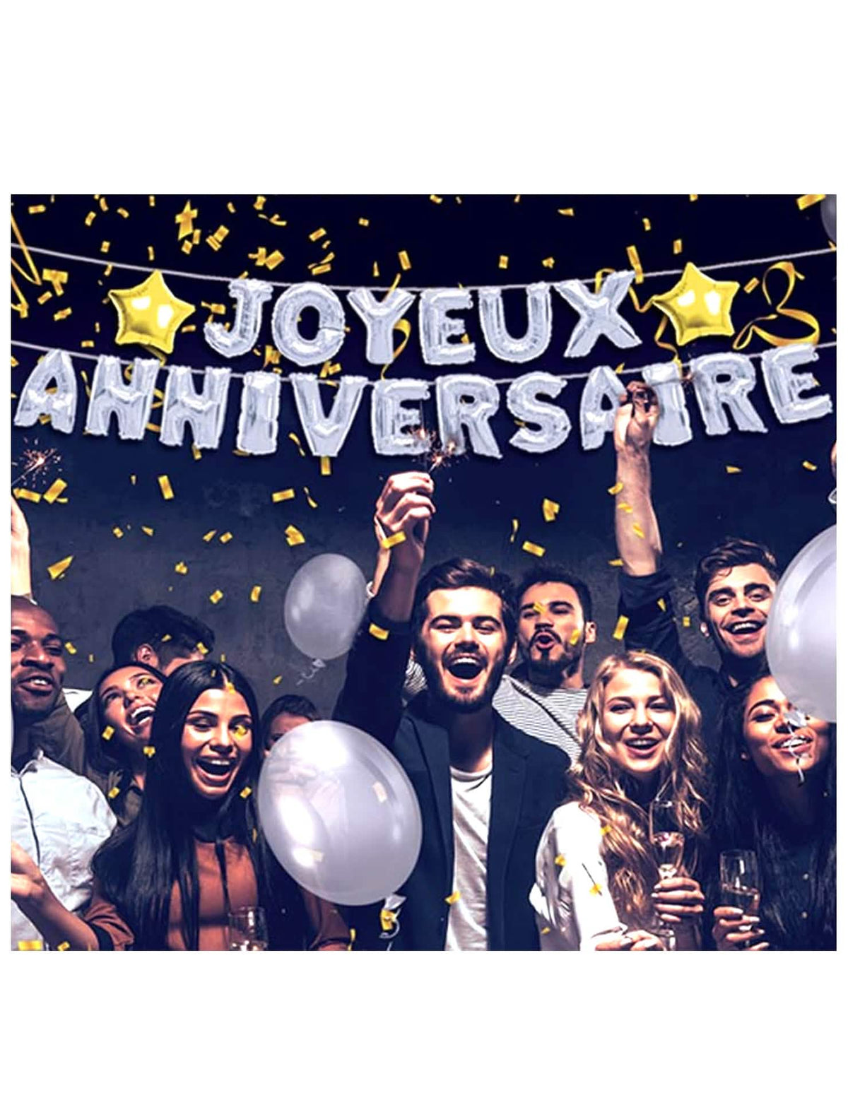 Imaginea ghirlandei de baloane aniversare argintie Joyeux Anniversaire
