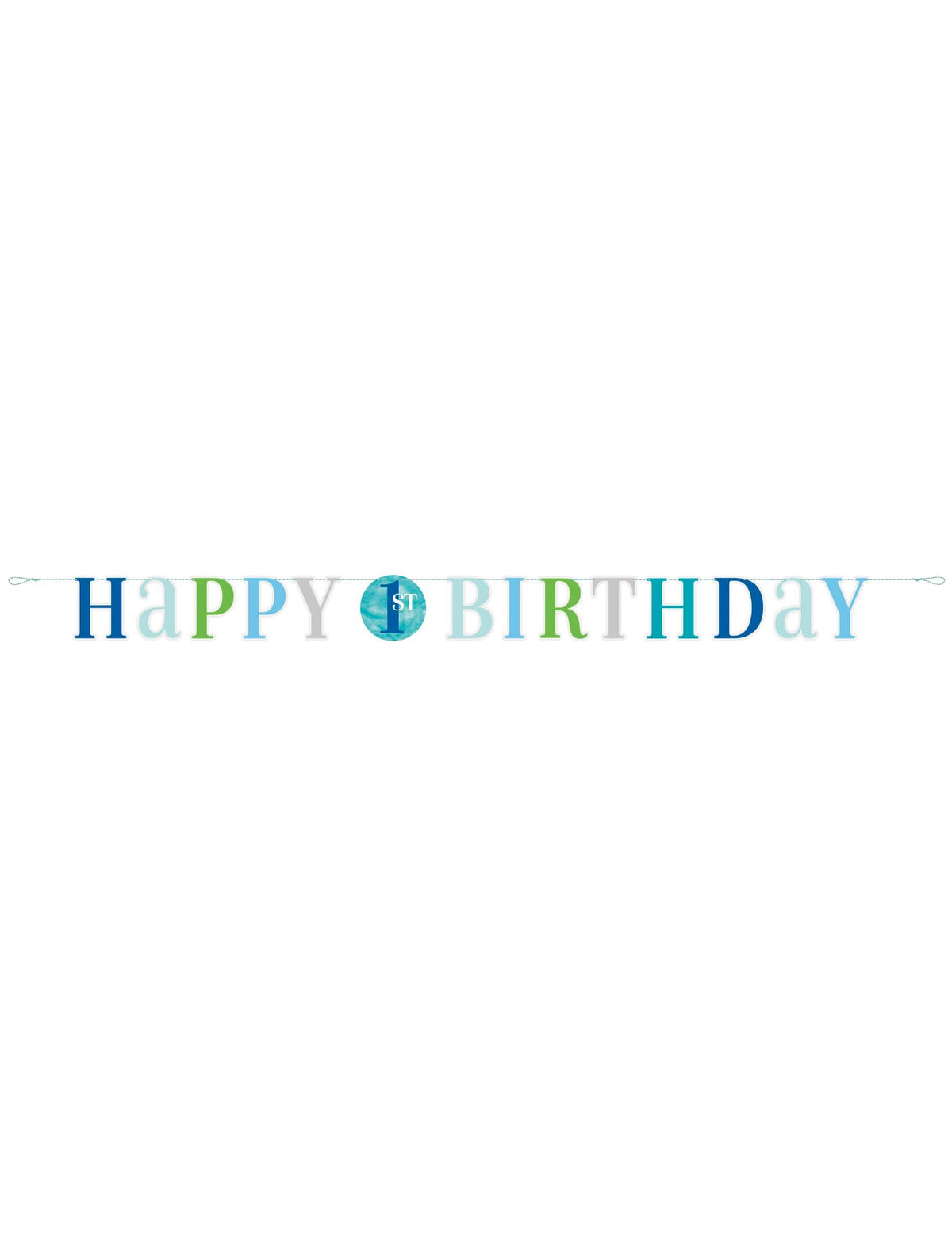 Privire de ansamblu asupra ghirlandei din carton happy 1st birthday pentru băiat albastră