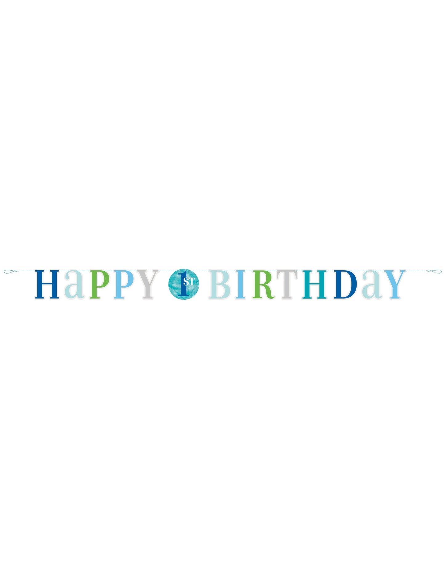 Vue d'ensemble de la guirlande en carton happy 1st birthday pour garçon bleue