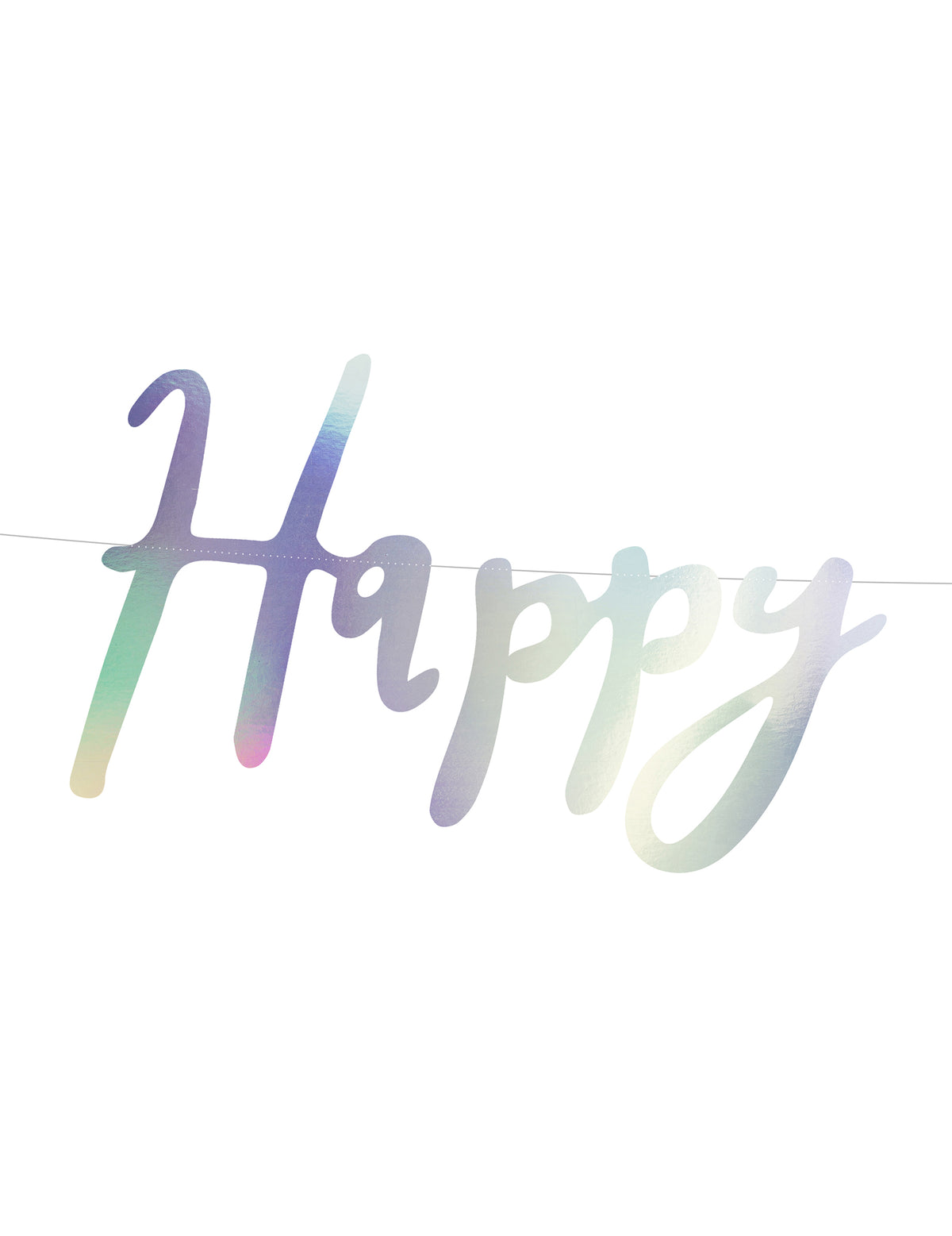 Prim-plan asupra cuvântului Happy de pe ghirlanda din carton happy birthday iridescent