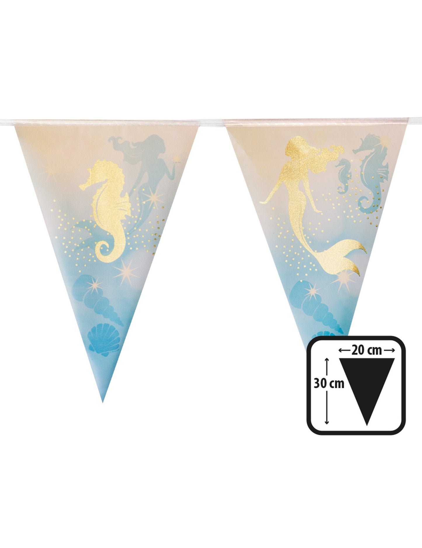 Détail des dimensions d'un fanion de la Guirlande en plastique 10 fanions Sirène Lagune