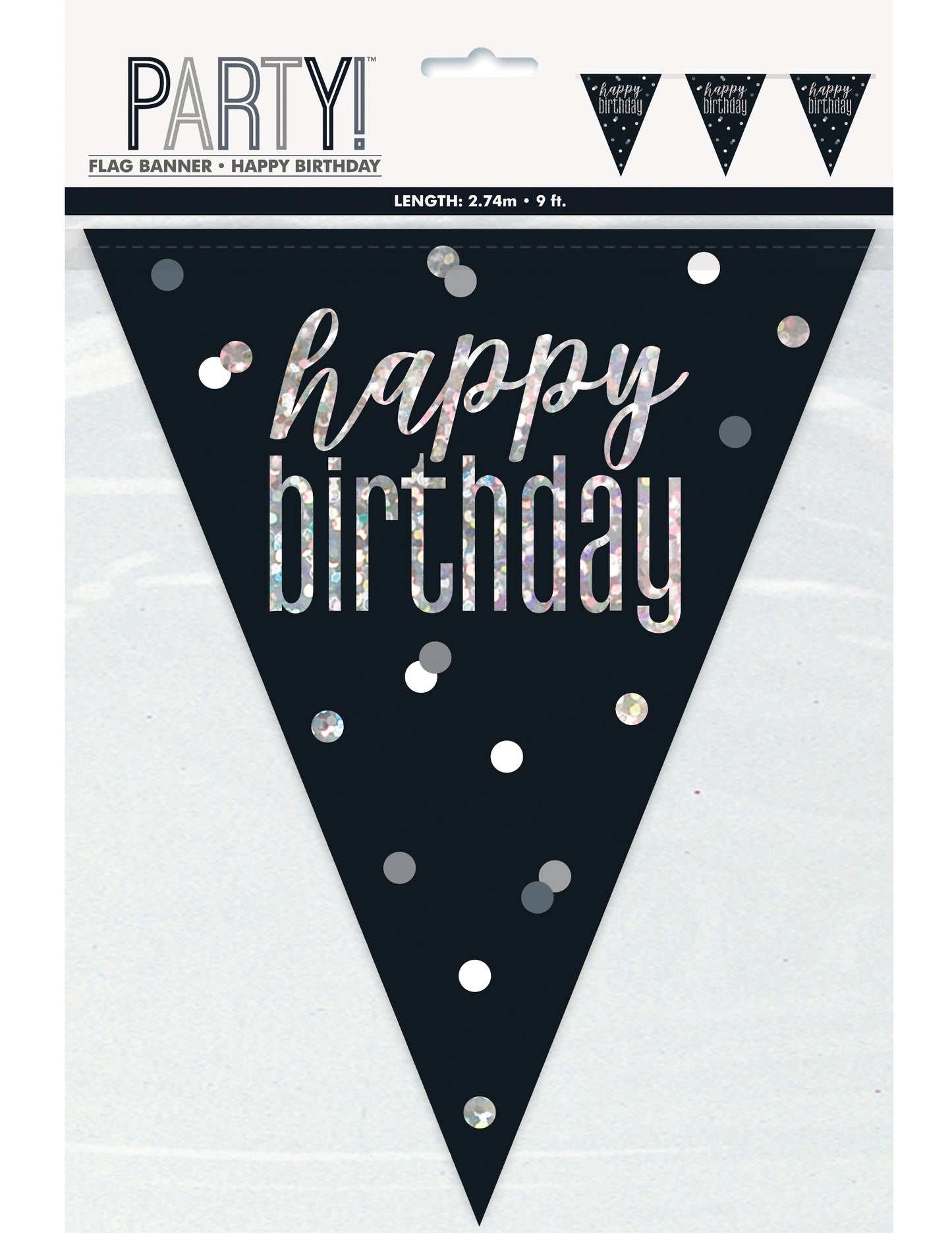 Ghirlandă din plastic neagră și gri „La mulți ani”, 2,7 m, cu fanioane argintii