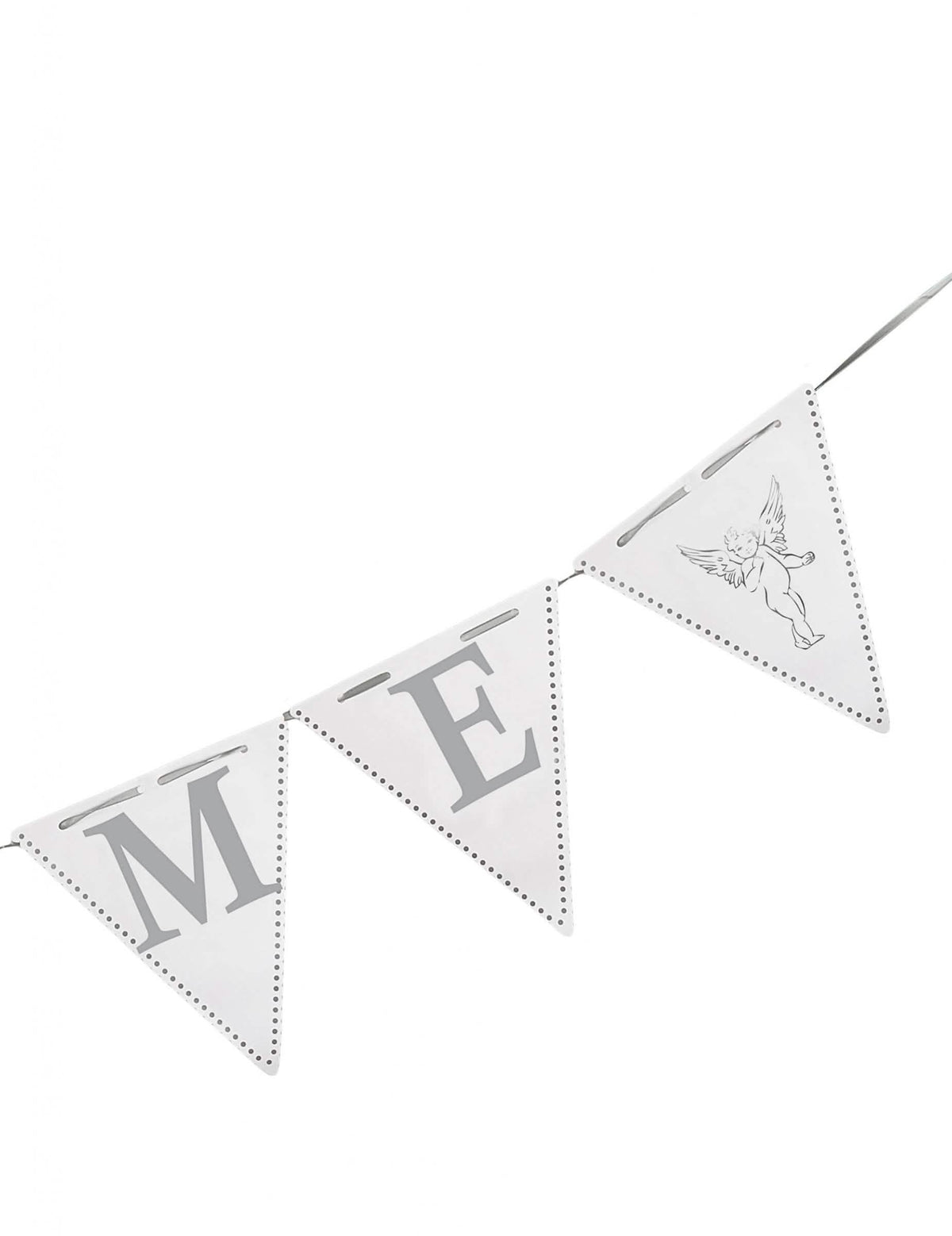 Detaliu al literelor și al îngerului ghirlandei cu fanioane pentru botez