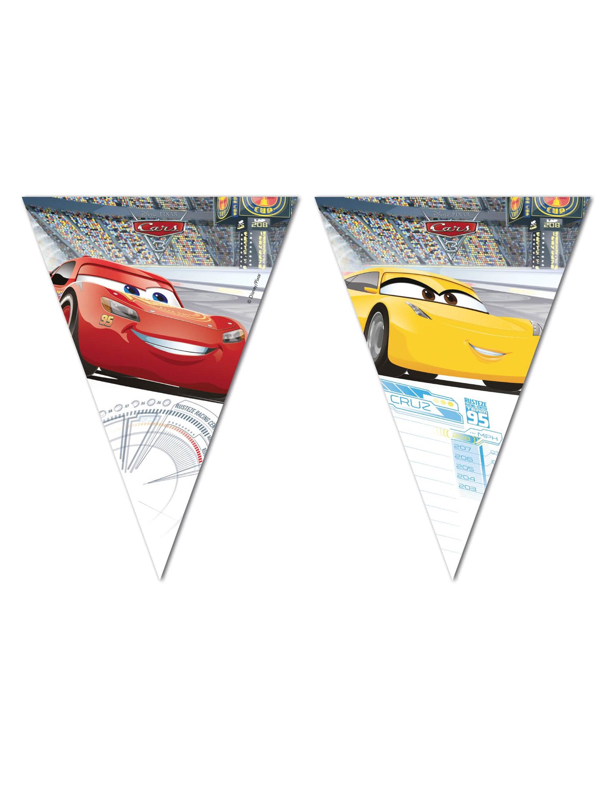 Guirlandă cu fanioane Cars 3 pentru copil roșu și galben cu Flash McQueen și Cruz Ramirez