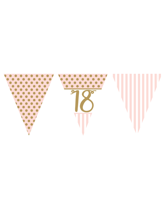 Guirlande fanions en papier 18 ans rose et or à pois et rayures