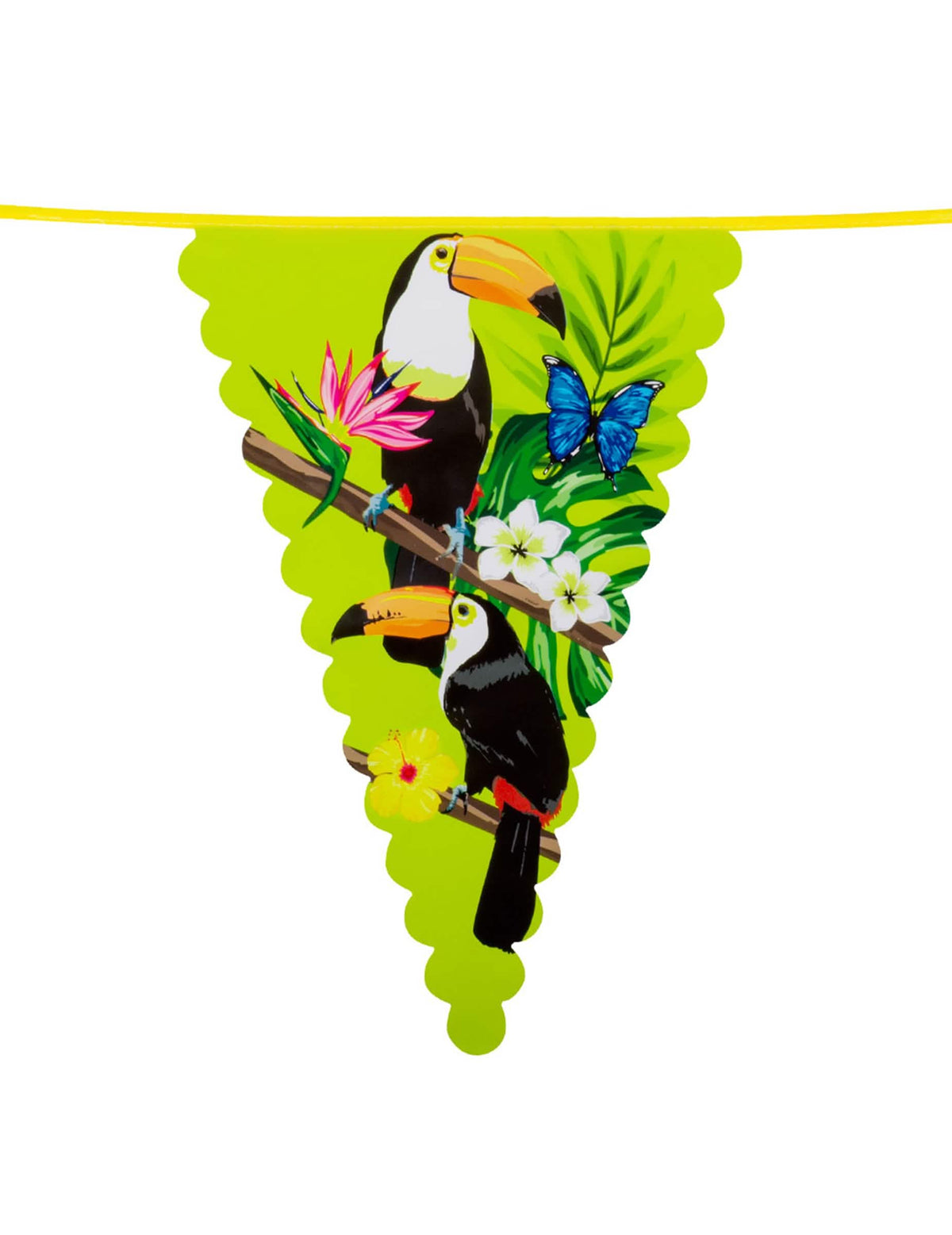Ghirlandă de fanioane din plastic cu tucan verde tropical, cu flori și fluturi albastru