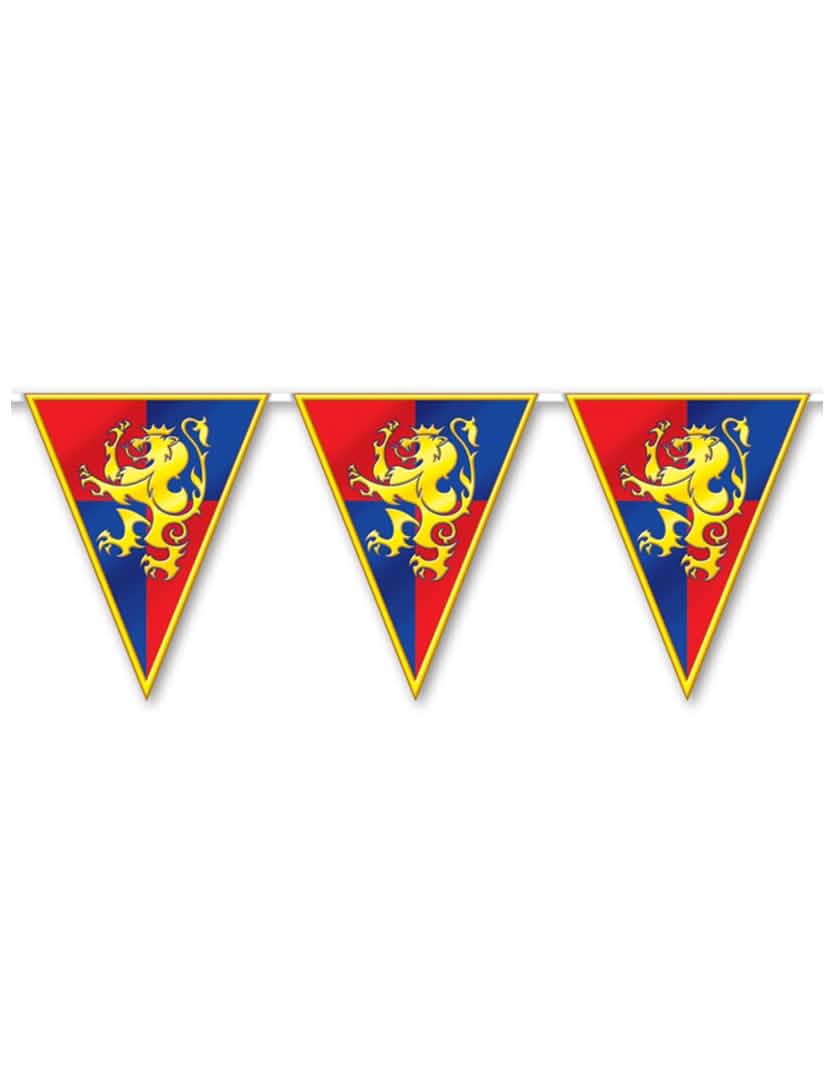 Ghirlandă de fanioane din plastic medieval roșu și albastru cu lei galben