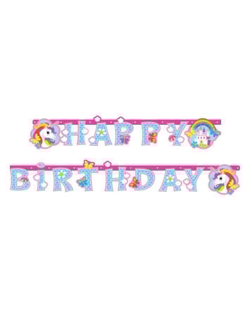 Ghirlandă Happy Birthday unicorn roz și albastru cu curcubeu