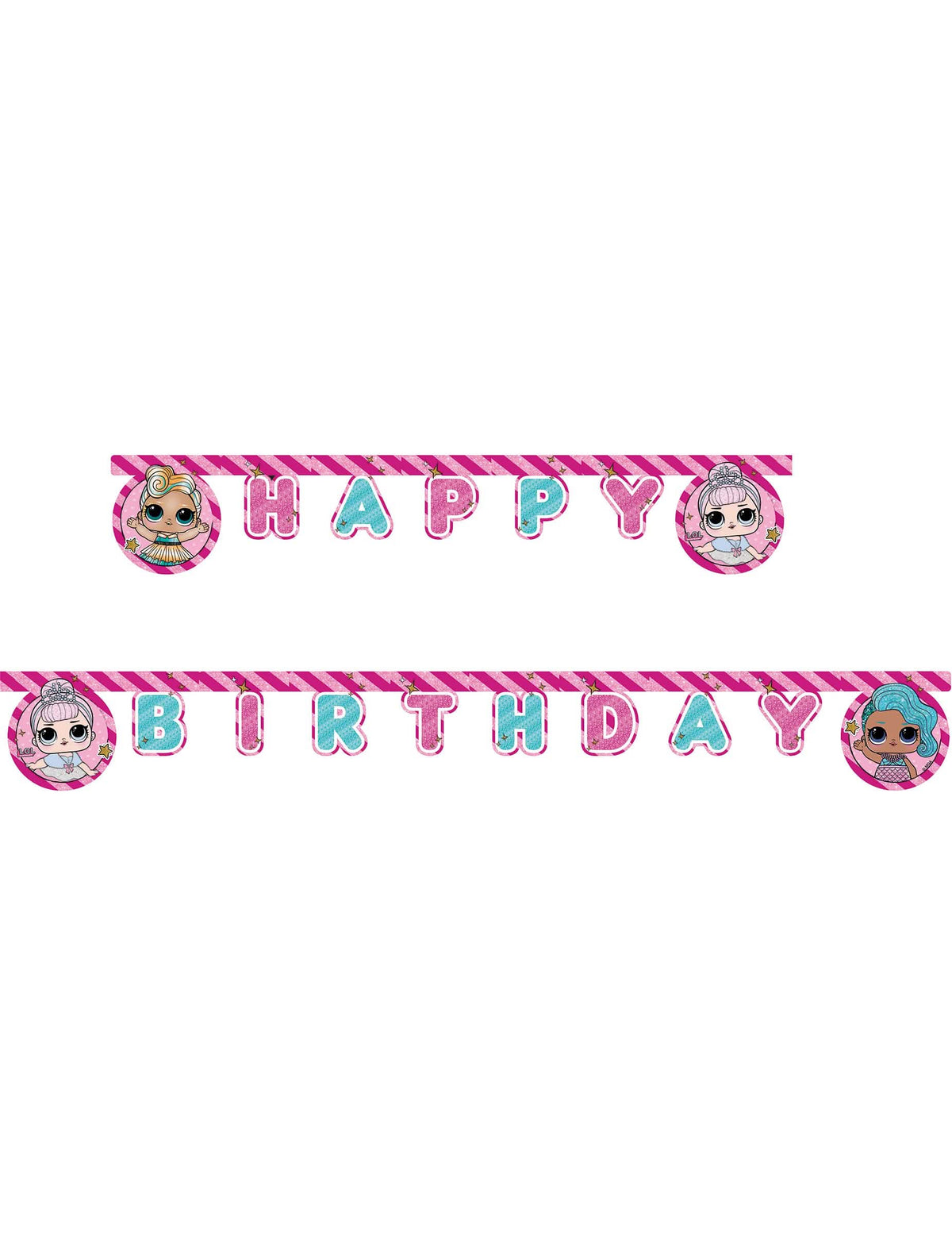 Ghirlandă Happy Birthday LOL™ pentru copil roz și albastră cu sclipici