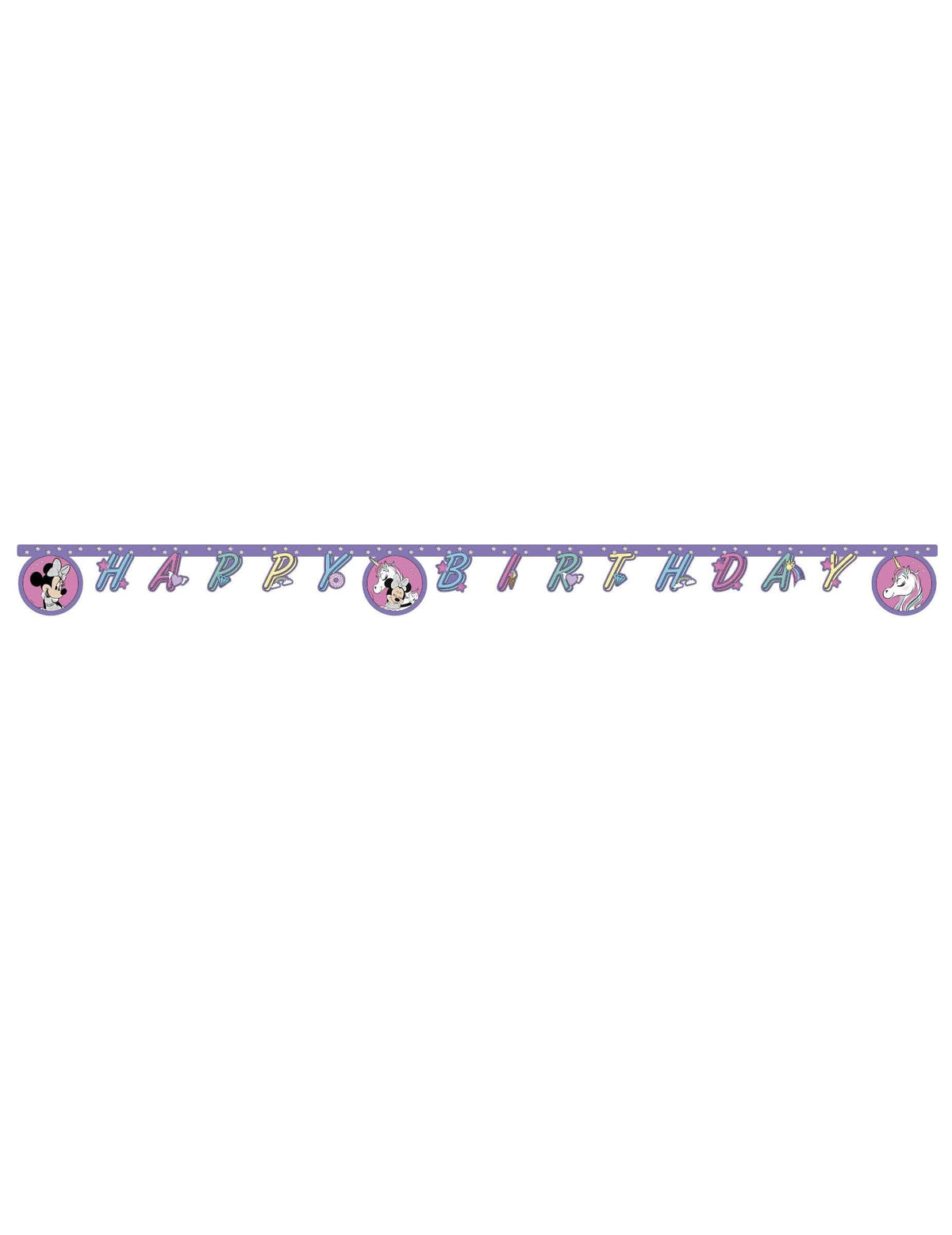 Privire de ansamblu asupra ghirlandei Happy Birthday Minnie și unicorni
