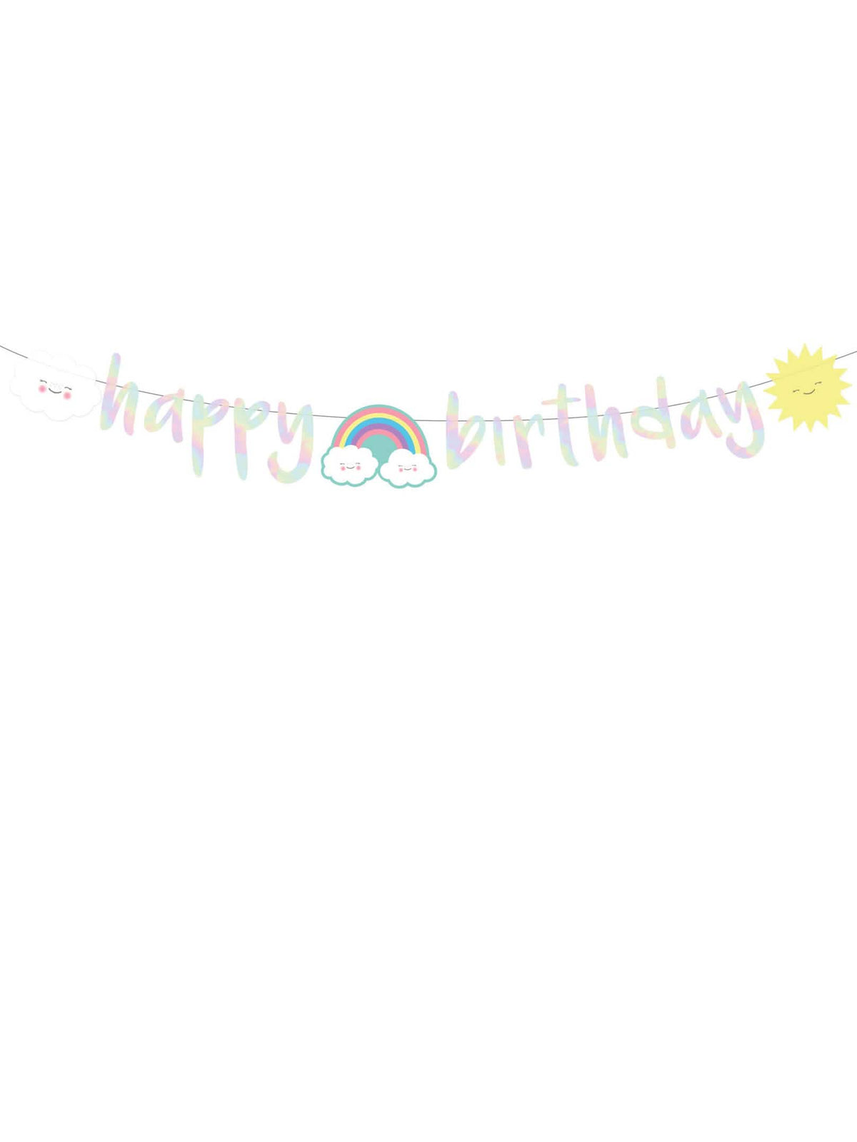 Vedere de ansamblu a ghirlandei happy birthday nor iridescent din carton