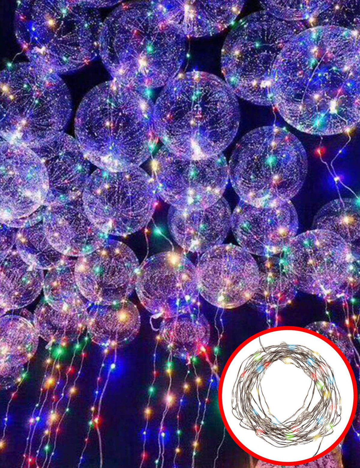 Aspect de prezentare cu baloane ale ghirlandei luminoase multicolor pentru decorațiune