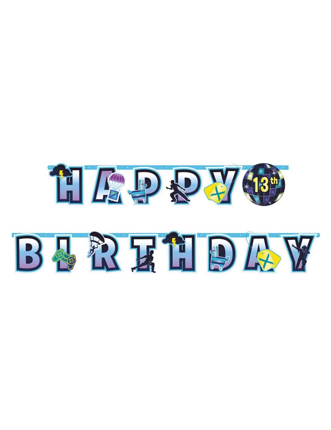 Ghirlandă personalizabilă Happy Birthday battle royale albastră și violetă cu motive de jocuri video