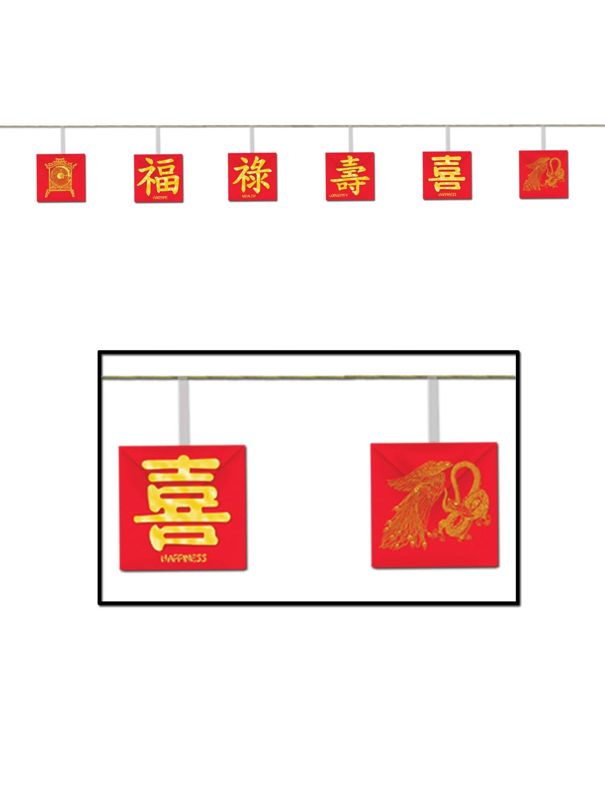 Ghirlandă Anul Nou Chinezesc pentru decorațiuni roșu și auriu cu simboluri aurii