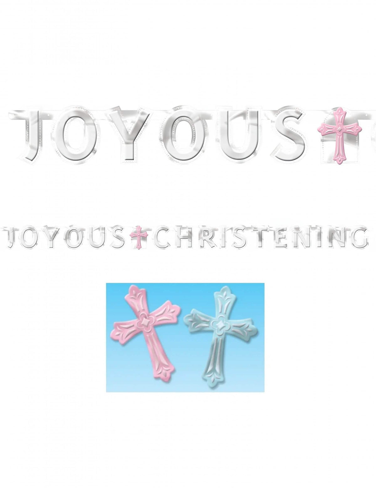 Guirlande personnalisable de communion argentée avec croix rose et bleue interchangeables