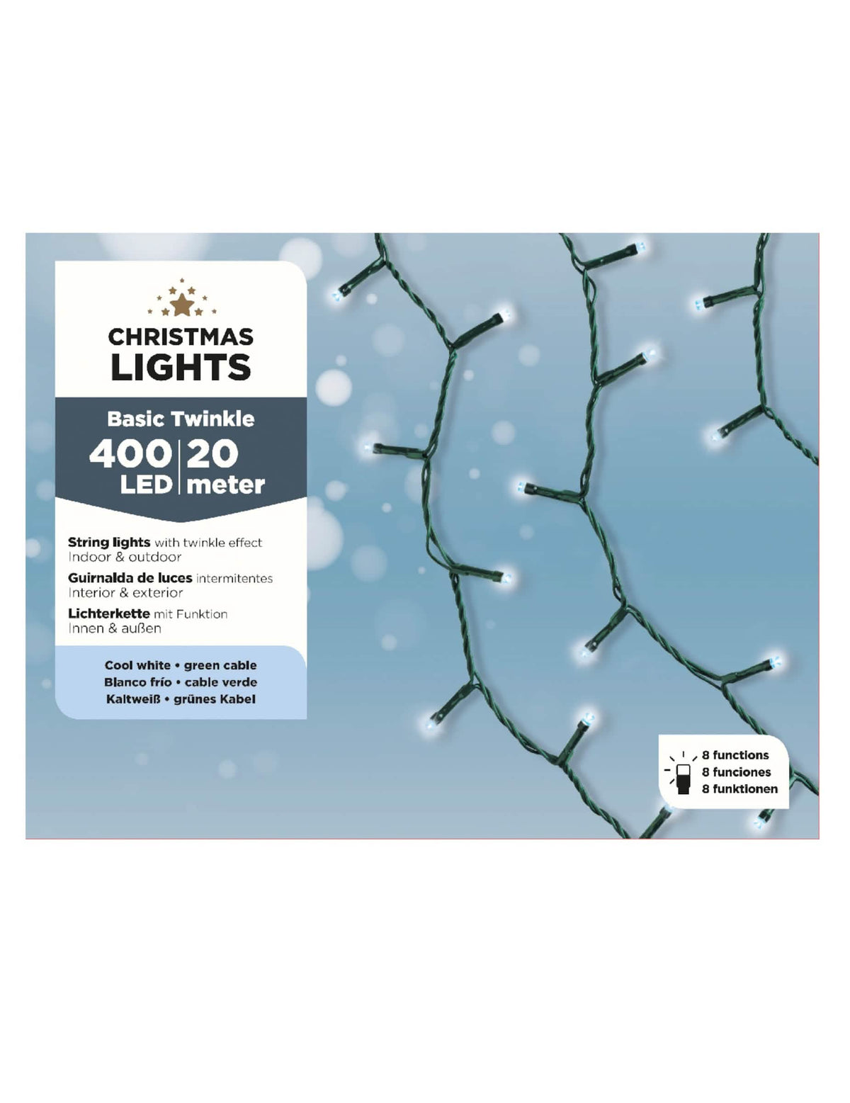 Detaliu al ambalajului ghirlandei luminoase 400 led pentru decorațiune alb rece 20 m 8 funcții