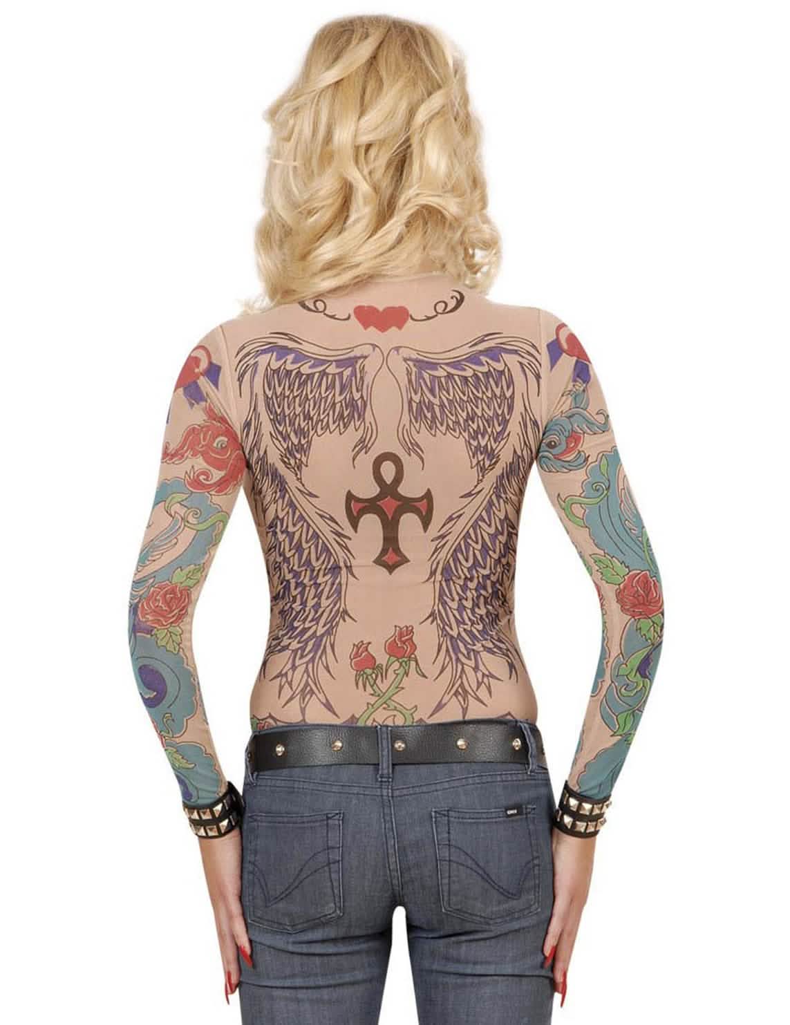Vedere din spate a topului cu mâneci lungi cu efect de tatuaje pentru femeie