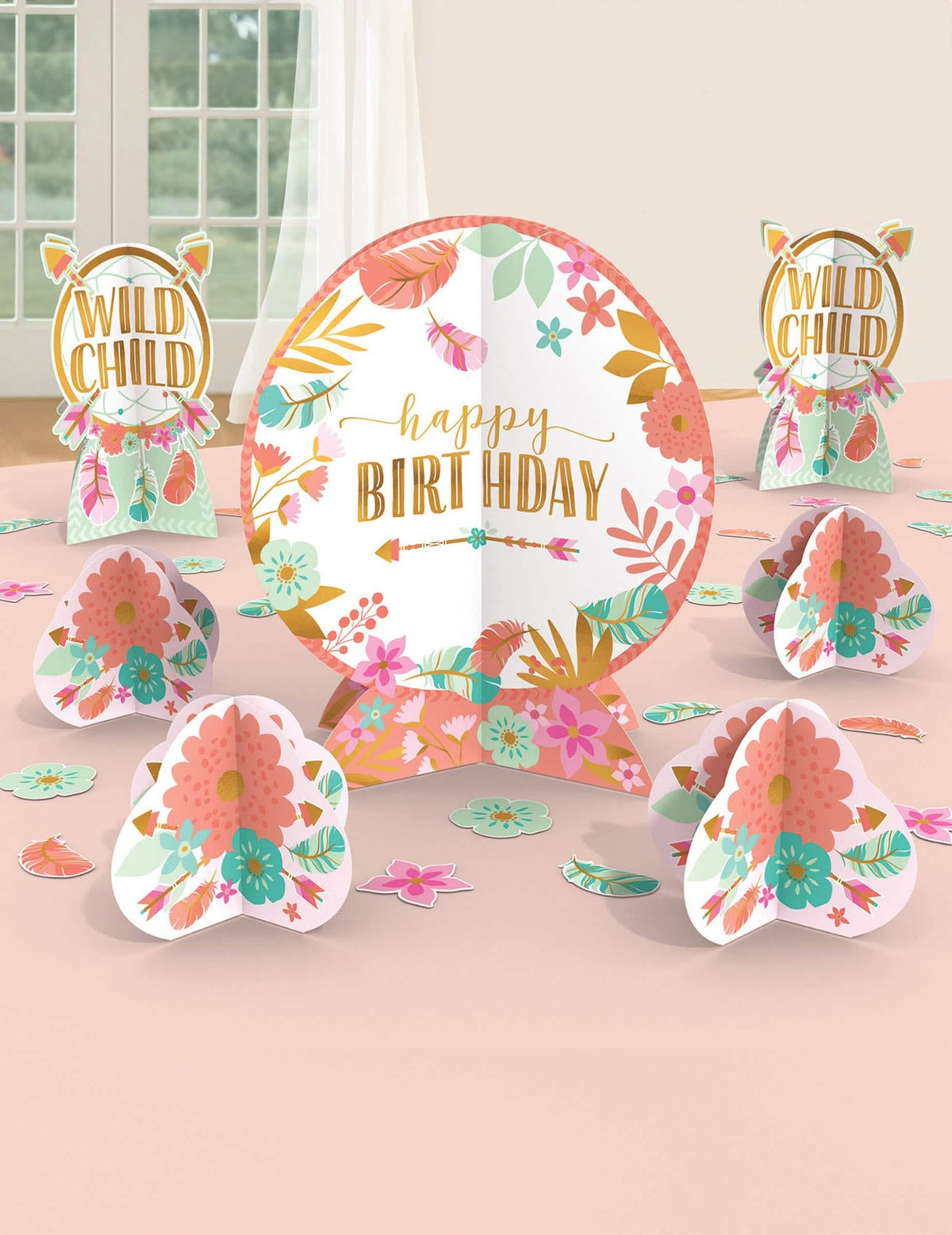 Kit 27 décorations de table anniversaire boho en carton rose et menthe avec fleurs et plumes