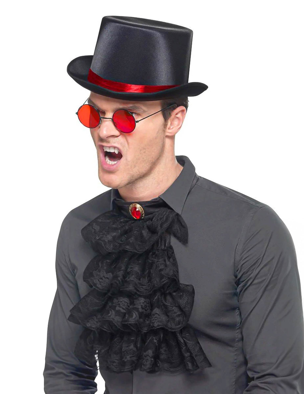 Kit accesoriu gotic halloween pentru adult negru cu joben ochelari roșii și jabou