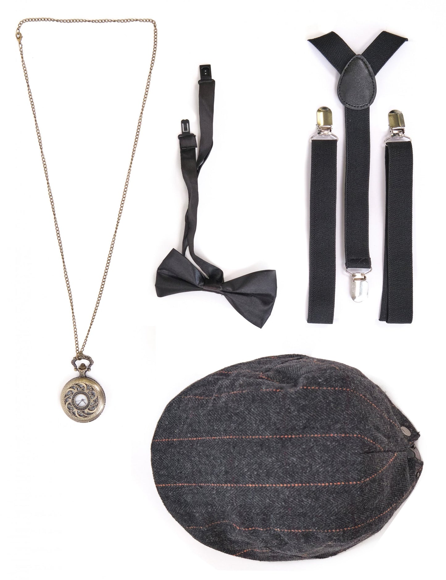 Vedere de ansamblu a șepcii, bretelelor, papionului și ceasului din kitul de accesorii anii 20