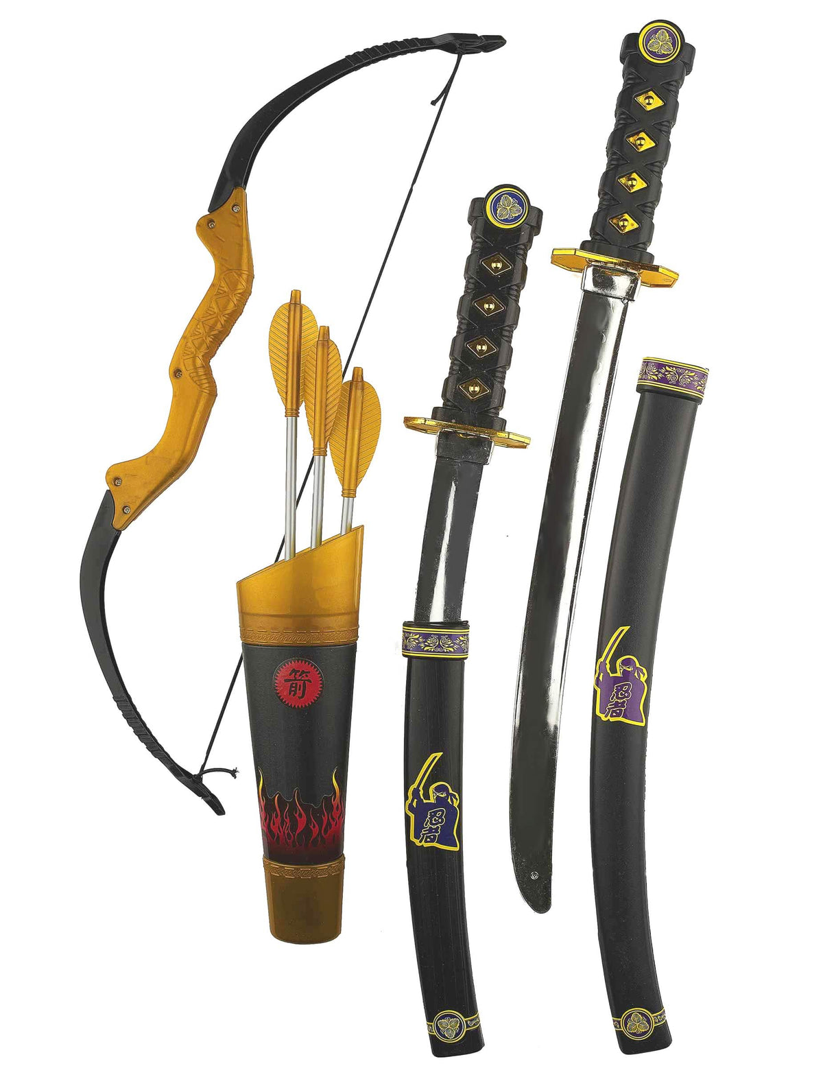 Kit accesorii arme și arc ninja pentru copil negru și auriu