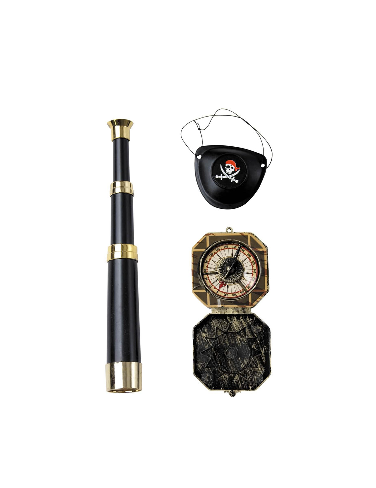 Kit accesorii căpitan pirat pentru adult negru și auriu cu lunetă, busolă și petic pentru ochi
