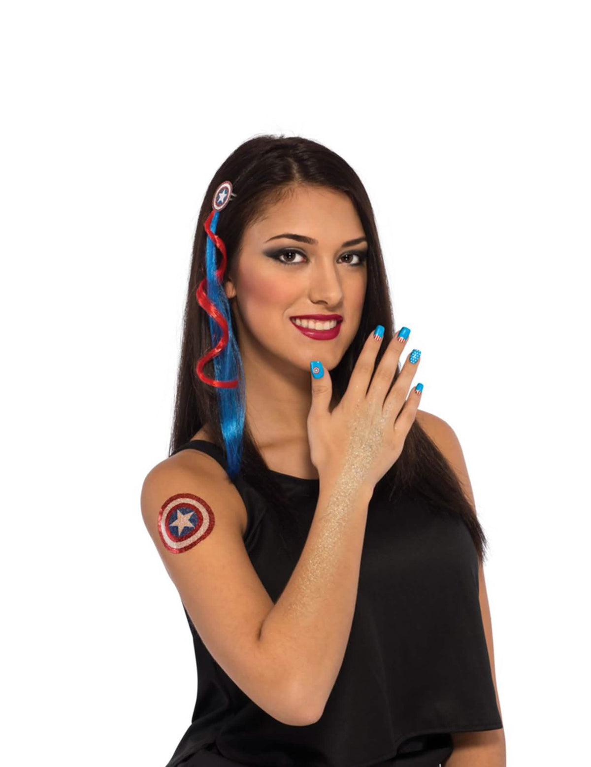 Kit accesorii și machiaj Captain America™ pentru femeie albastru și roșu cu mèche și tatuaj