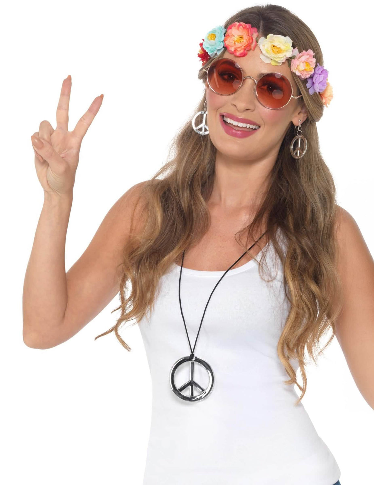 Set accesorii hippie pentru femeie cu coroană de flori și bijuterii peace and love argintii