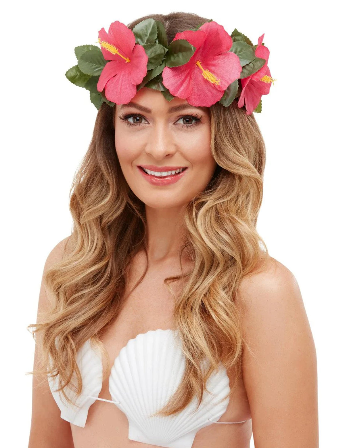 Vue de face de la couronne et du soutien-gorge coquillage du Kit accessoires Luau Tiki Hawaï