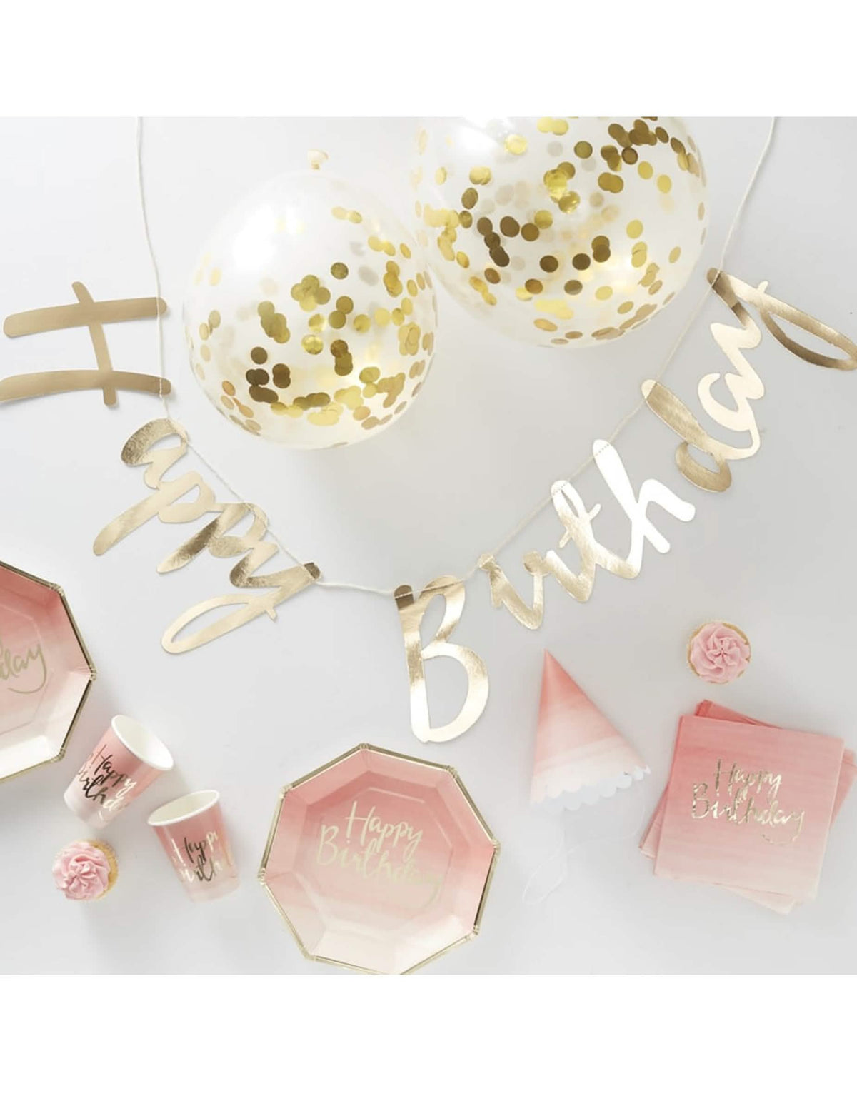 Kit complet deco și veselă aniversare pentru petrecere roz și auriu cu ghirlandă și baloane cu confetti