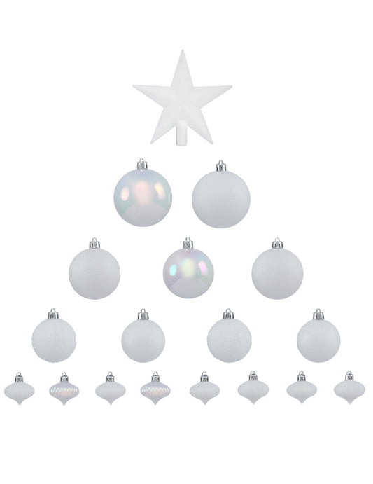 Vue d'ensemble du contenu du kit décorations de sapin blanc pour fête