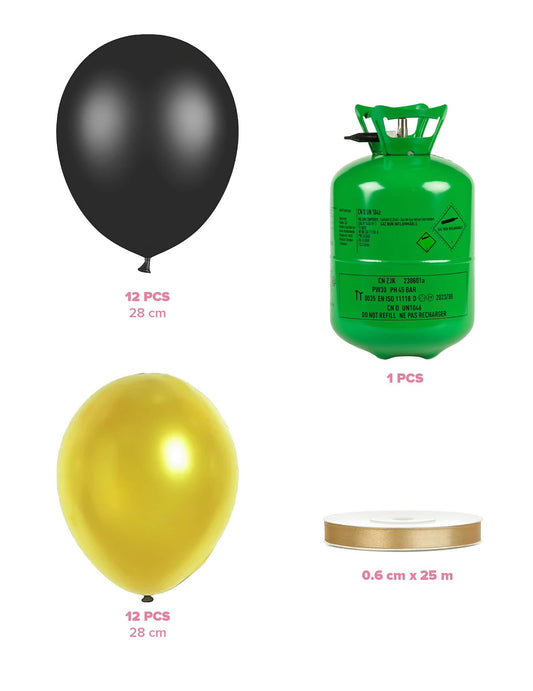 Kit cu butelie de heliu, cu 12 baloane negre, 12 baloane aurii și panglică