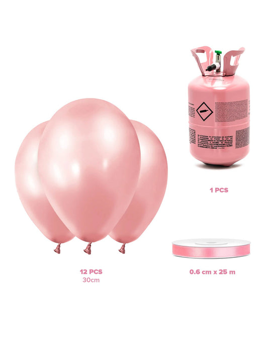 Kit de butelie cu heliu cu 12 baloane rose gold și panglică din satin