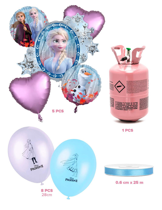 Kit cu butelie de heliu, 13 baloane Frozen™ și panglică