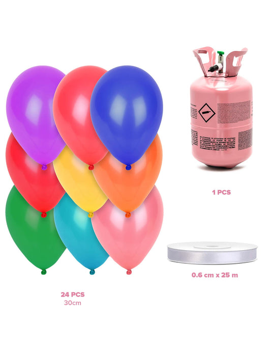Kit cu butelie de heliu, 24 baloane multicolore și panglică