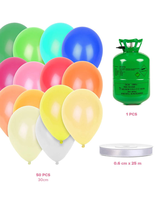 Kit de butelie cu heliu cu 50 de baloane multicolore și panglică