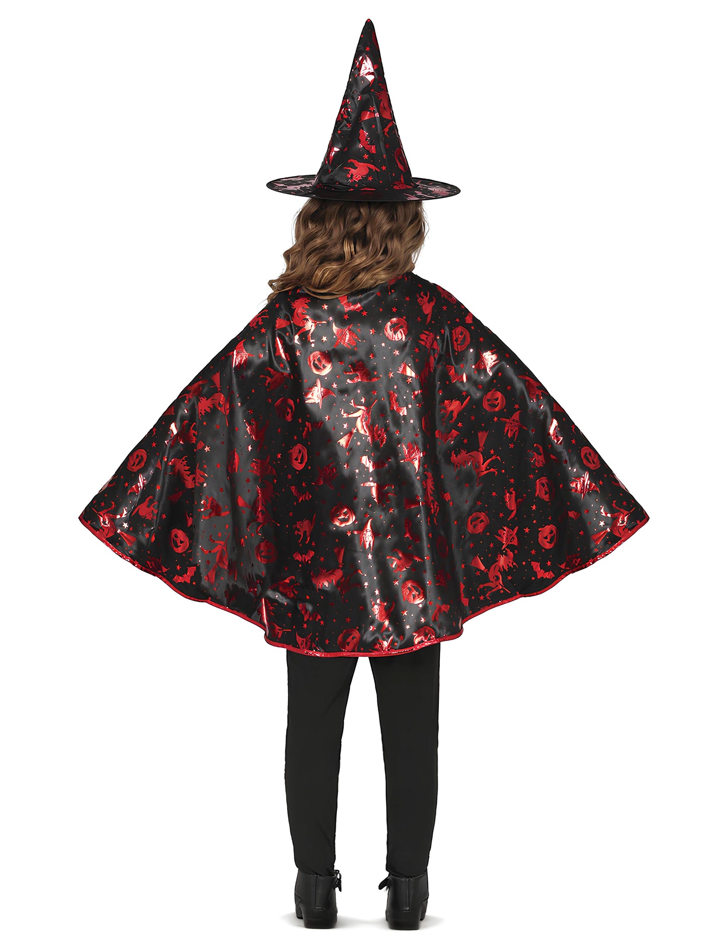 Kit cape et chapeau de sorcière noir et rouge enfant