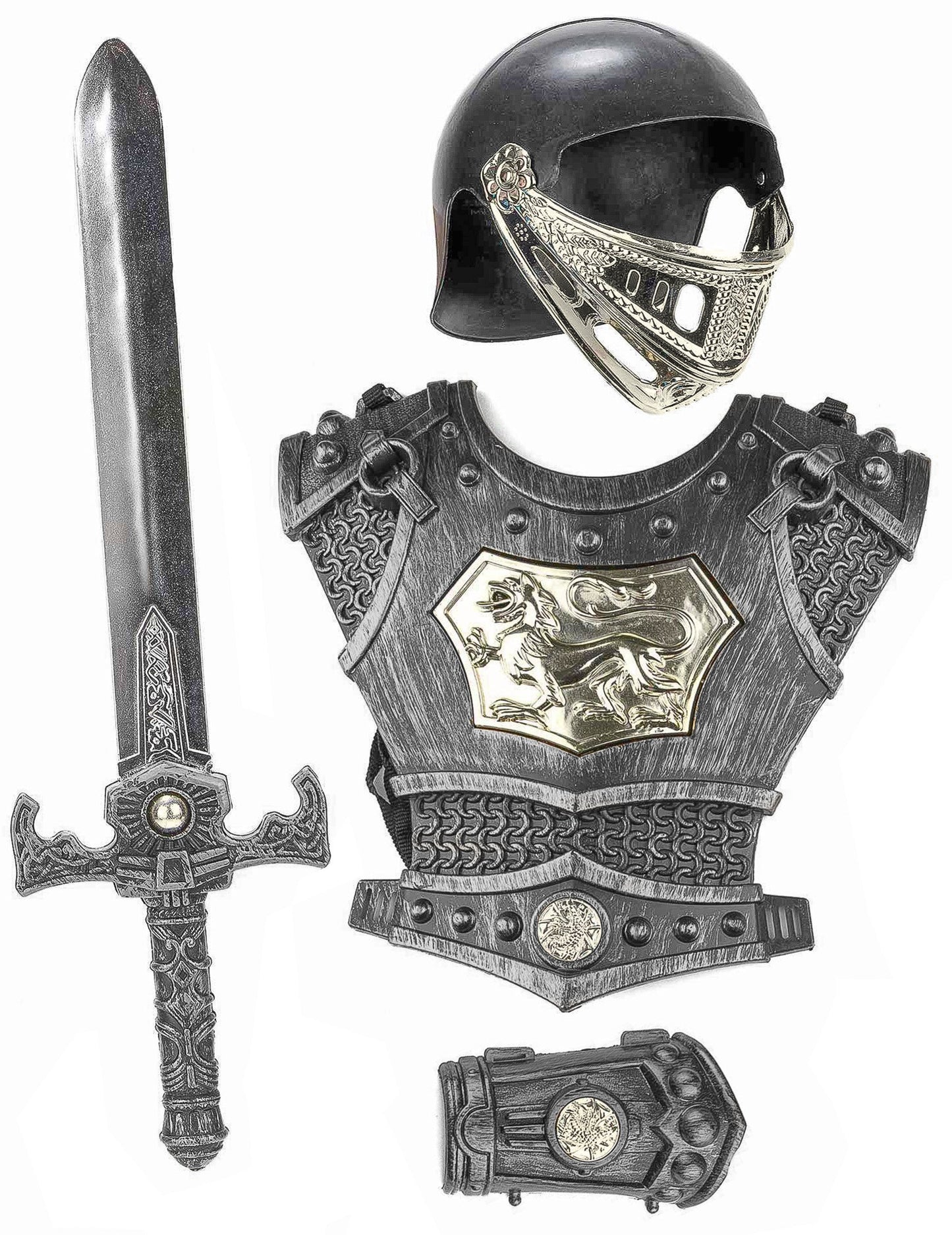 Kit chevalier guerrier pour enfant gris et doré avec plastron, casque et épée