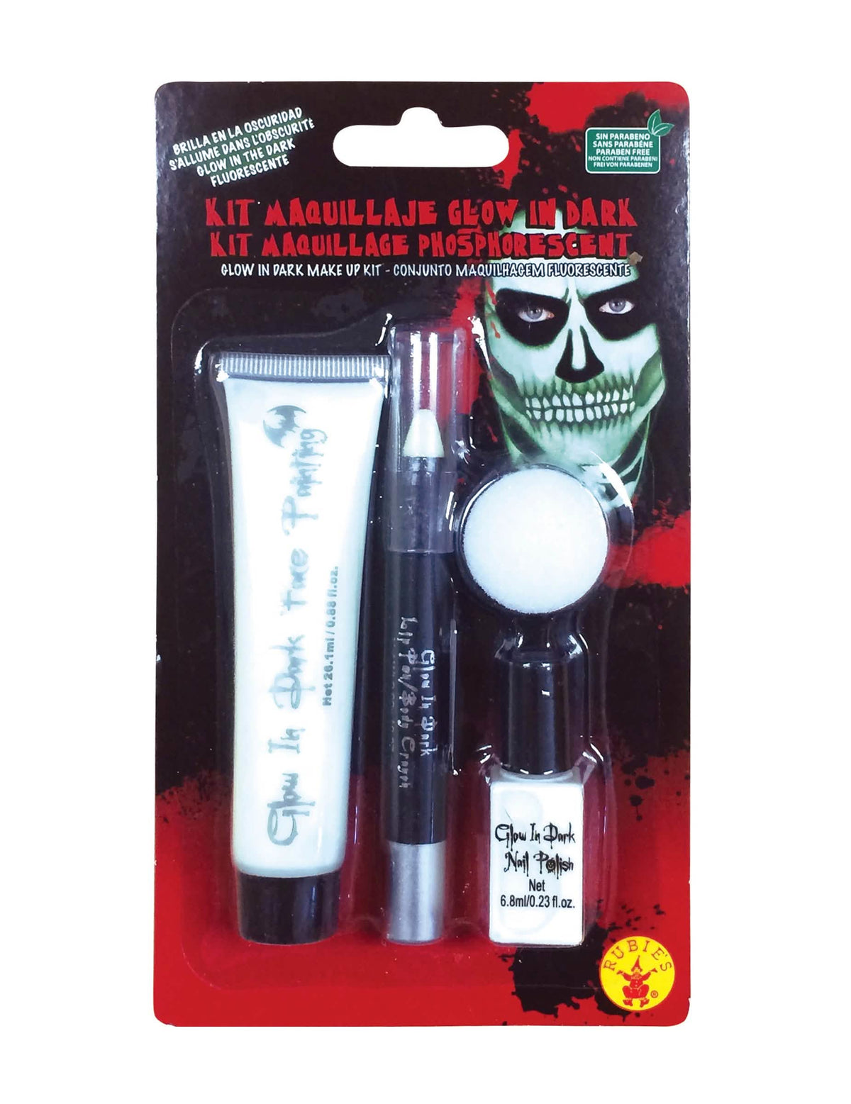 Detaliu al ambalajului kitului de machiaj fosforescent pentru adult verde cu model schelet