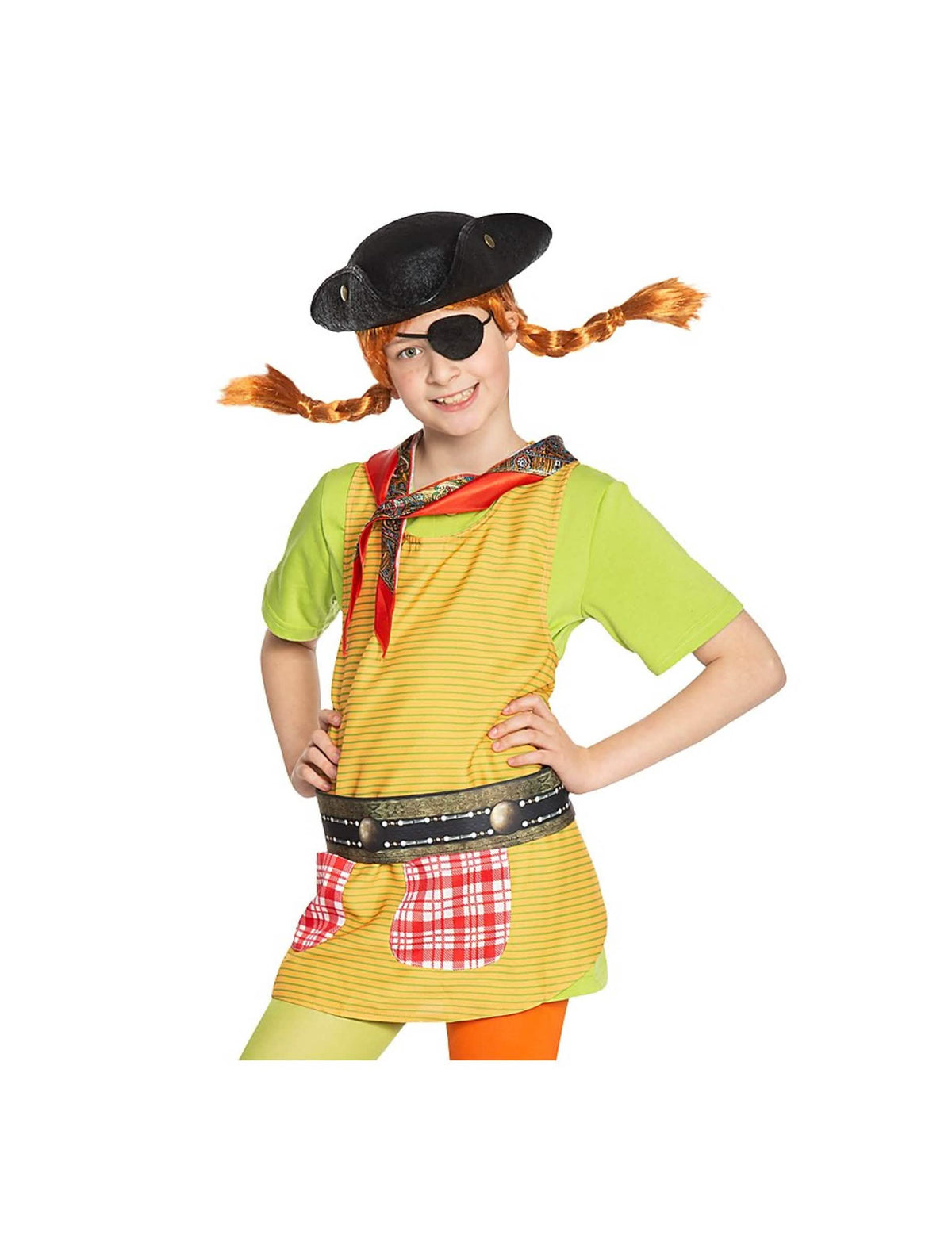 Kit de costume Fifi Brindacier pirat pentru fată galben și verde cu tricorne și petic pe ochi