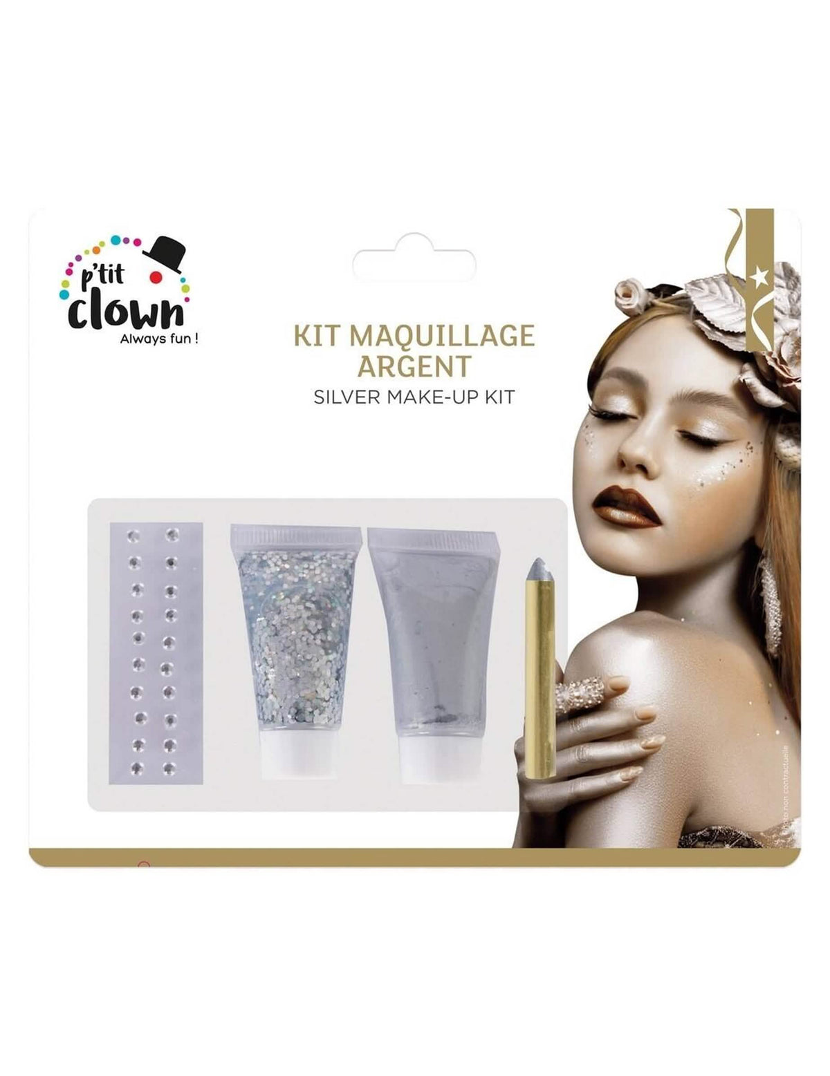 Kit maquillage à paillettes argent pour adulte argenté avec strass et tubes de gel