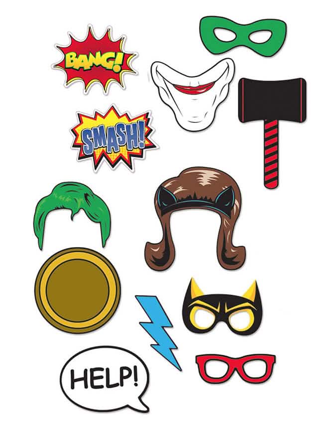Detaliile accesoriilor kitului photobooth cu 12 piese Super-eroi